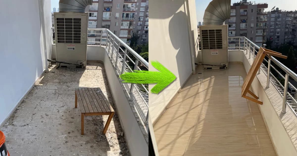 İnşaat sonrası balkon temizliği: moloz tozuyla kaplı zemin, temizlik sonrası parlayan fayans — öncesi ve sonrası