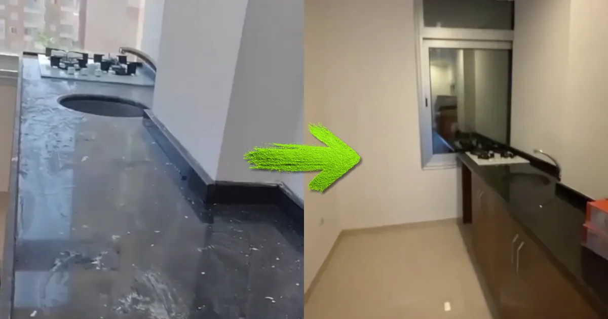 Mutfak tezgâhı ve ocak çevresinin temizlenmesi: kirli tezgâh, temizlik sonrası lekesiz mutfak — öncesi ve sonrası